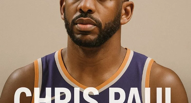 Emotional photo of NBA star Chris Paul on the basketball court, smiling thoughtfully